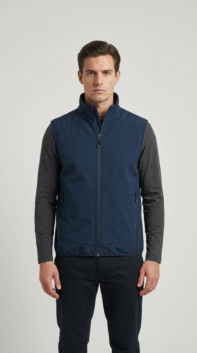 Mand iført en mørkeblå softshell-vest, grå trøje og mørke bukser foran en lys grå baggrund.