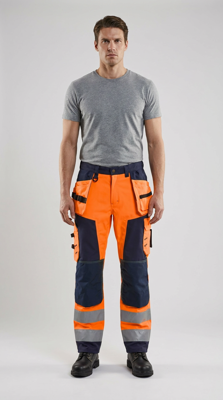 Mand i grå t-shirt og orange hi-vis arbejdsbukser med reflekser mod en lys baggrund.
