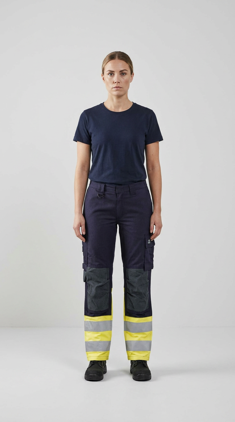 Kvinde i mørkeblå arbejds-t-shirt og arbejdsbukser med knæpuder og reflekser mod en lys baggrund.