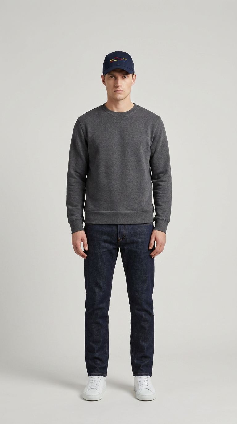 Mand iført mørkegrå sweatshirt, mørkeblå jeans, hvide sneakers og kasket på en lys grå baggrund.