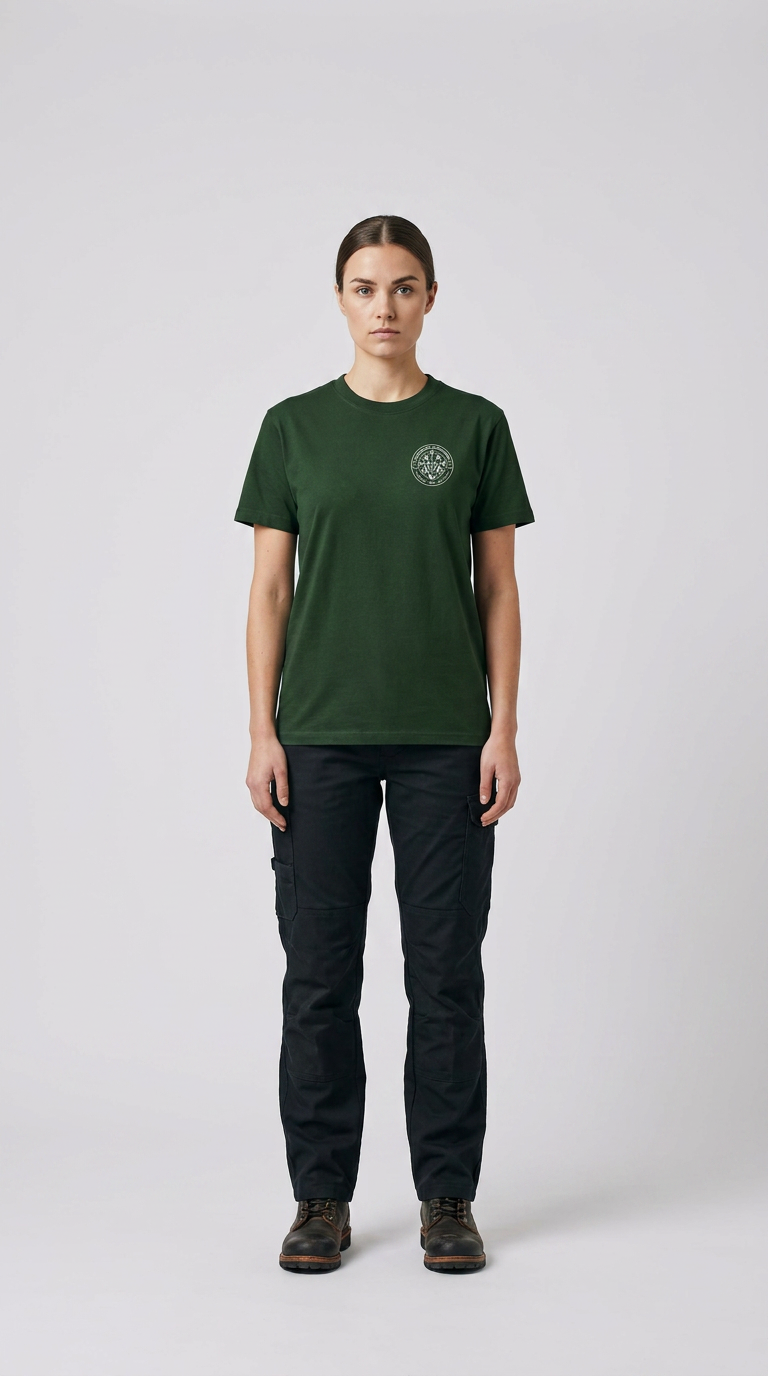 Kvinde i mørkegrøn t-shirt med logo og sorte cargobukser mod en hvid baggrund.