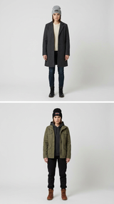 Kvinde i to outfits: en grå frakke med hue og en olivengrøn jakke med hættetrøje mod en hvid baggrund.