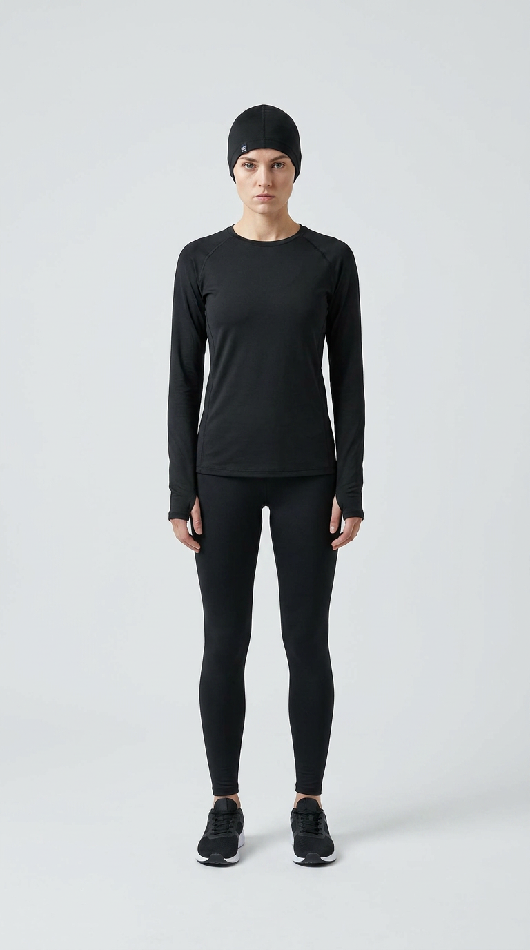 Kvinde i sort langærmet sportstøj, leggings og hue mod en hvid baggrund.