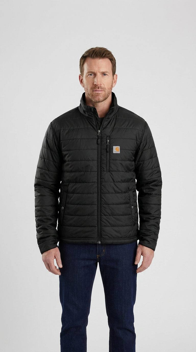 Mand iført en sort quiltet Carhartt-jakke og blå jeans mod en hvid baggrund.