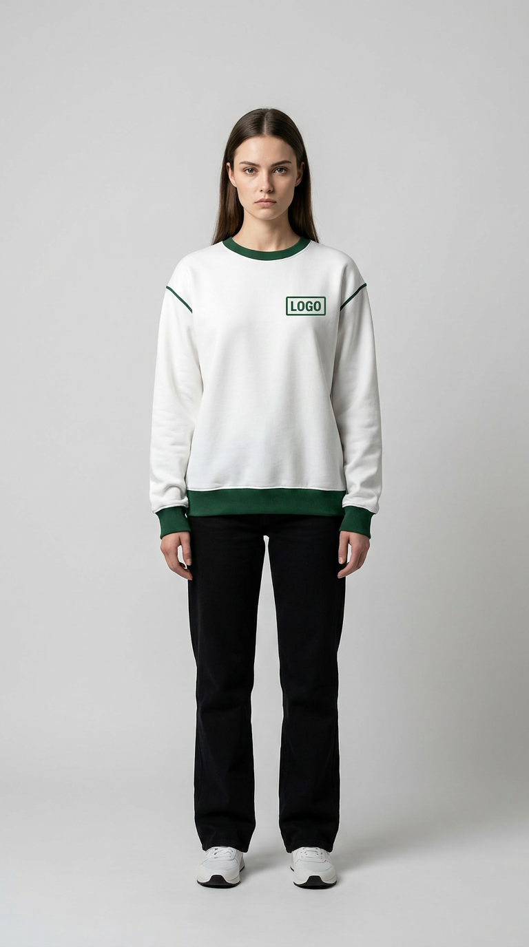 Kvinde i hvid sweatshirt med grønne detaljer og logo, sorte bukser og hvide sneakers mod en grå baggrund.