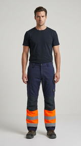 Mand i sort t-shirt og mørkeblå arbejdsbukser med orange high-vis detaljer og refleksstriber.