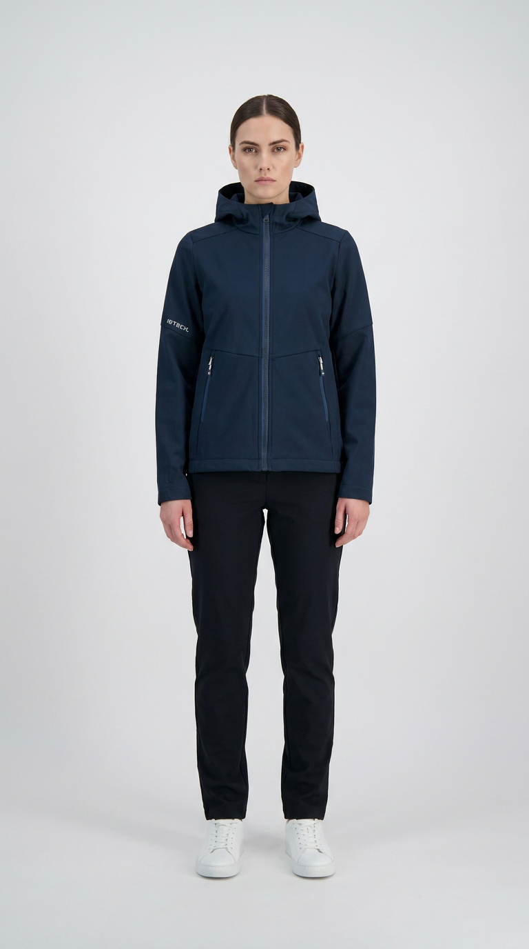 Kvinde i mørkeblå softshell-jakke med hætte, sorte bukser og hvide sneakers på en hvid baggrund.