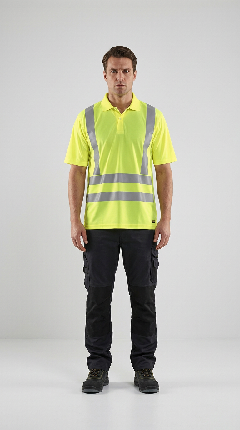 Mand i gul high-visibility polo-shirt med refleksstriber og mørke arbejdsbukser foran en hvid baggrund.