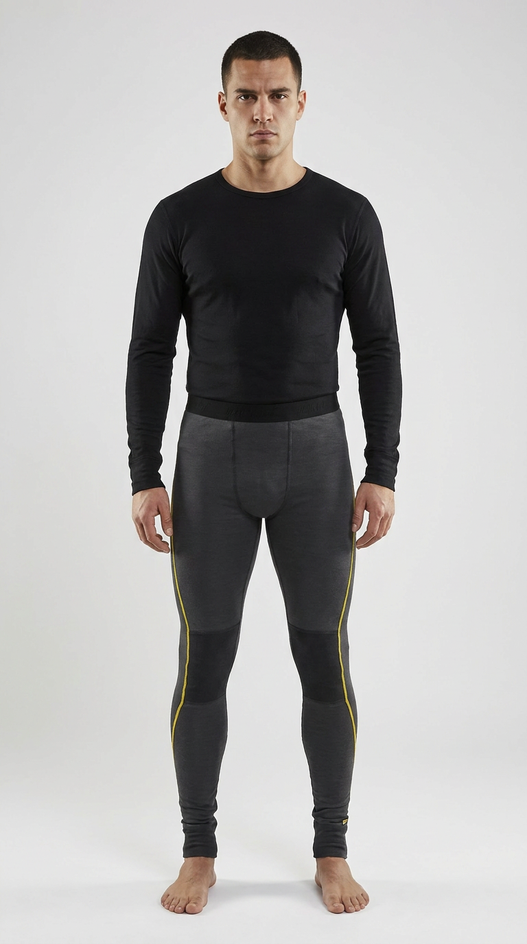 Mand i sort langærmet trøje og grå leggings med gule striber og sorte knæpaneler på hvid baggrund.