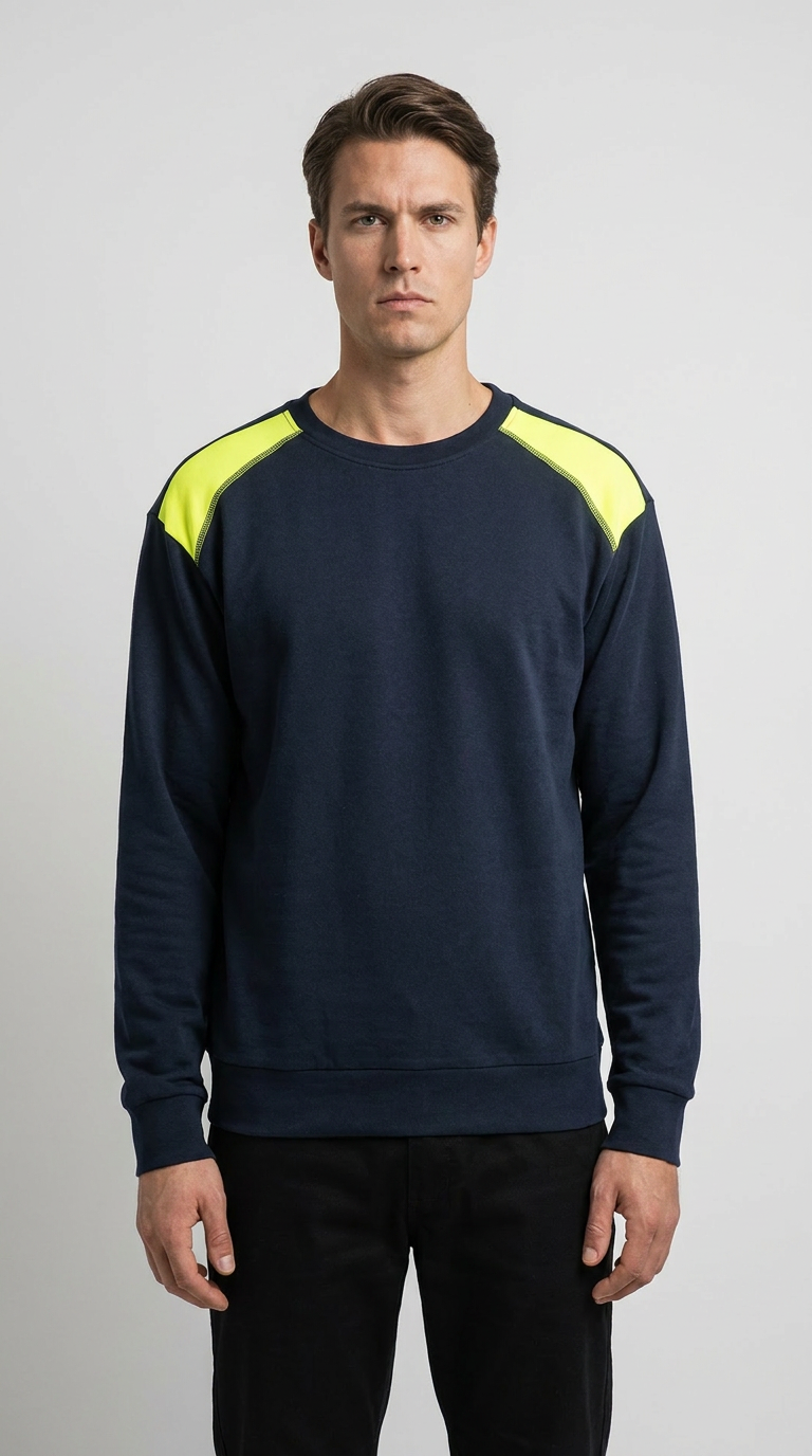 Mand i mørkeblå sweatshirt med neongule detaljer på skuldrene foran en lys baggrund.