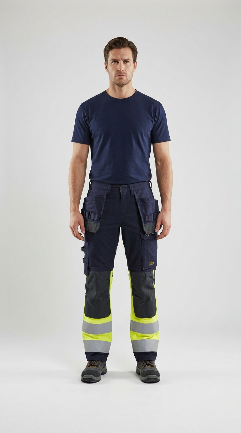 Mand i mørkeblå t-shirt og arbejdsbukser med knæpuder og high-visibility detaljer.