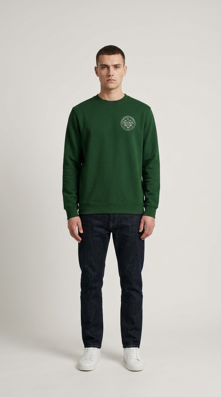 Mand i grøn sweatshirt med logo, mørkeblå jeans og hvide sneakers mod en lys baggrund.
