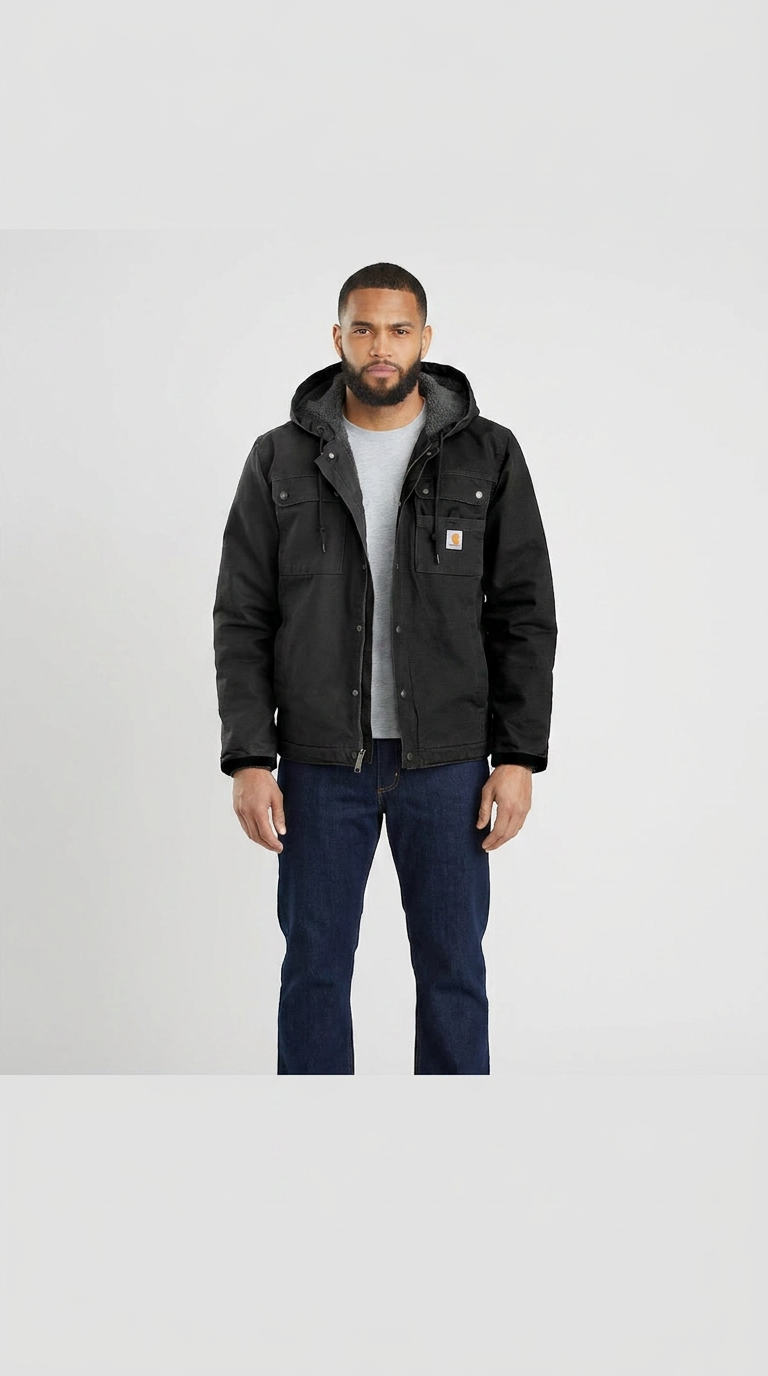 Mand i sort Carhartt-jakke med hætte, grå t-shirt og blå jeans på en lys baggrund.