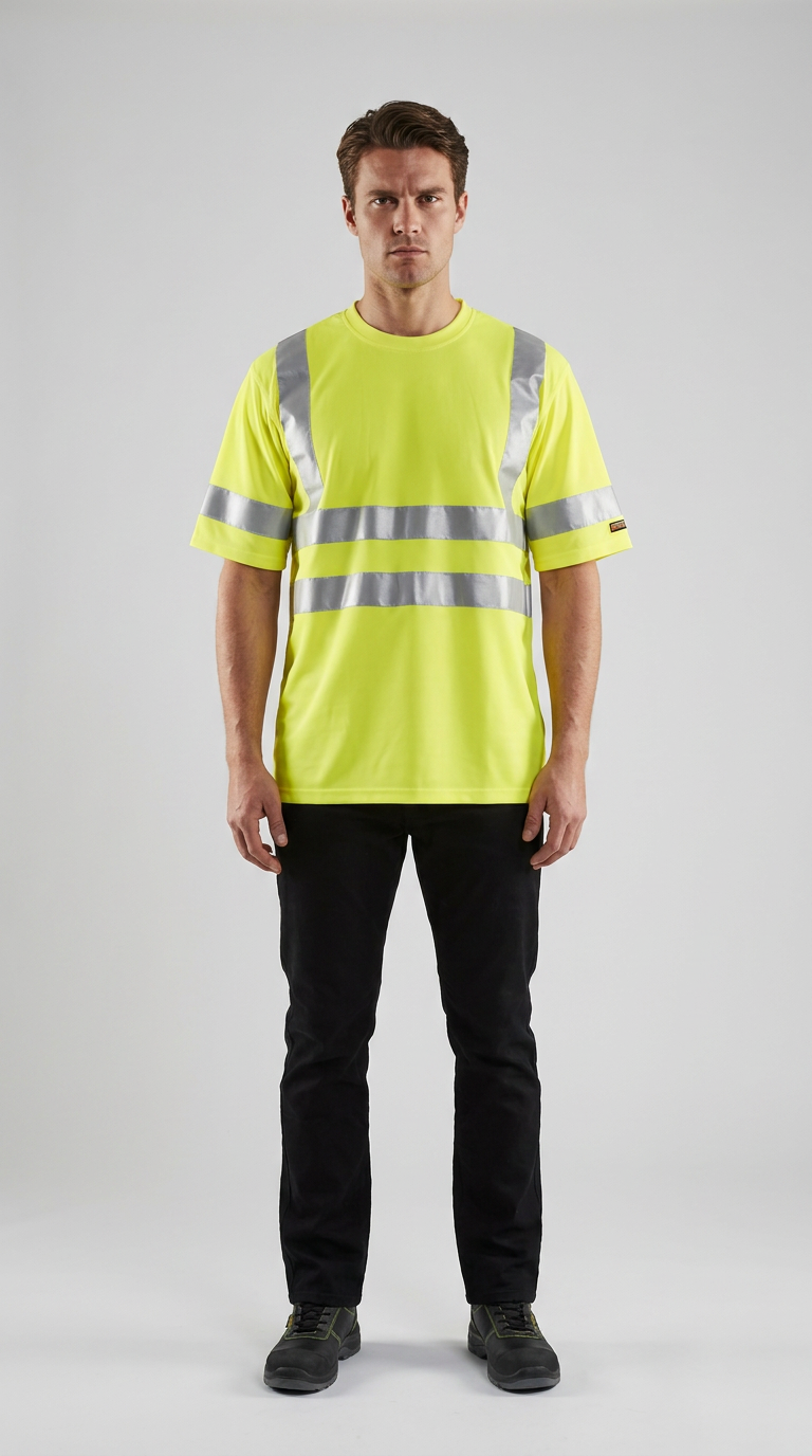 Mand i en neongul t-shirt med refleksstriber og sorte bukser mod en grå baggrund.