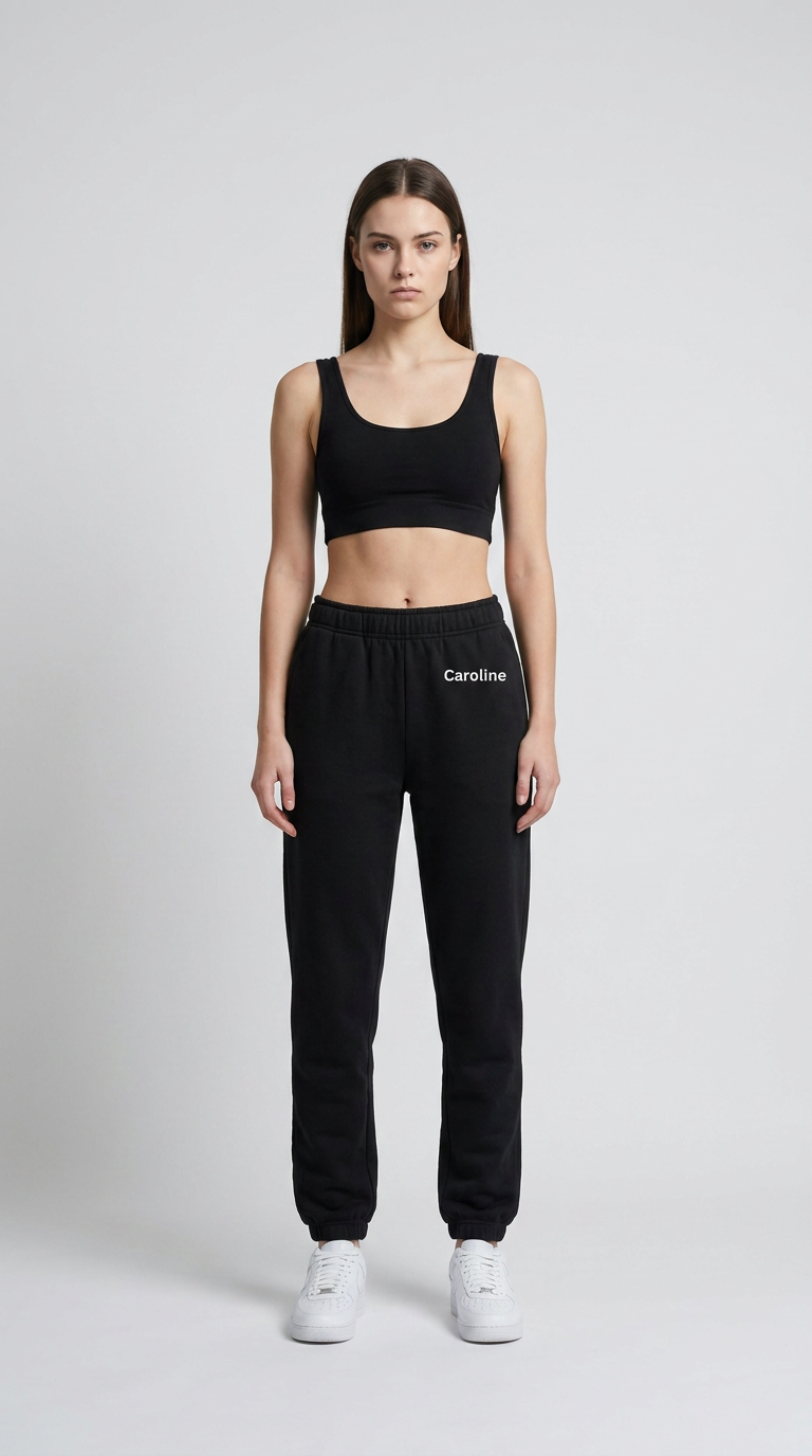 Kvinde i sort sports-bh, sorte joggingbukser med navnet Caroline og hvide sneakers på en lys baggrund.