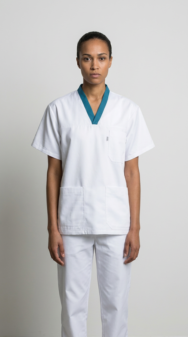 Kvinde i hvid sygeplejeuniform med blågrøn V-hals og hvide bukser mod en neutral baggrund.