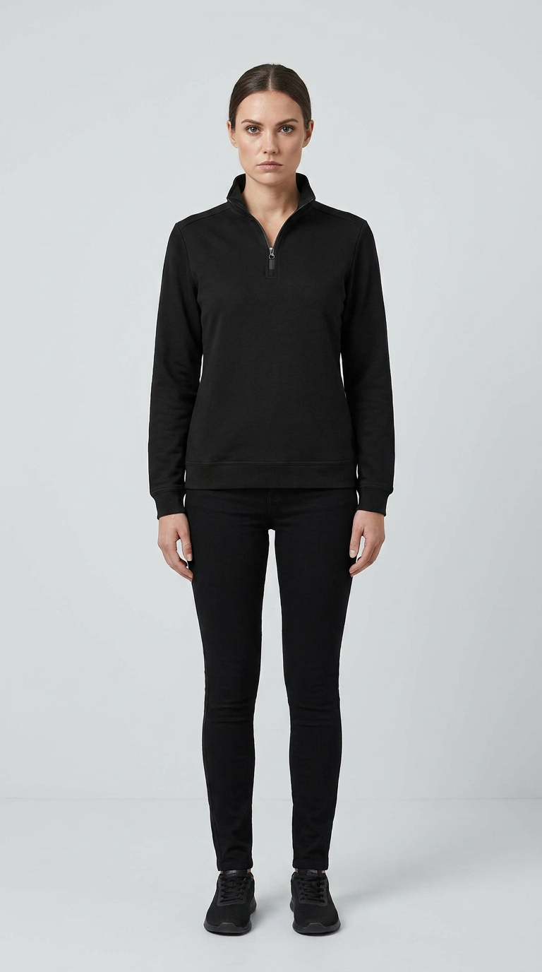 Kvinde i sort sweatshirt med lynlås og sorte jeans foran en lys grå baggrund.