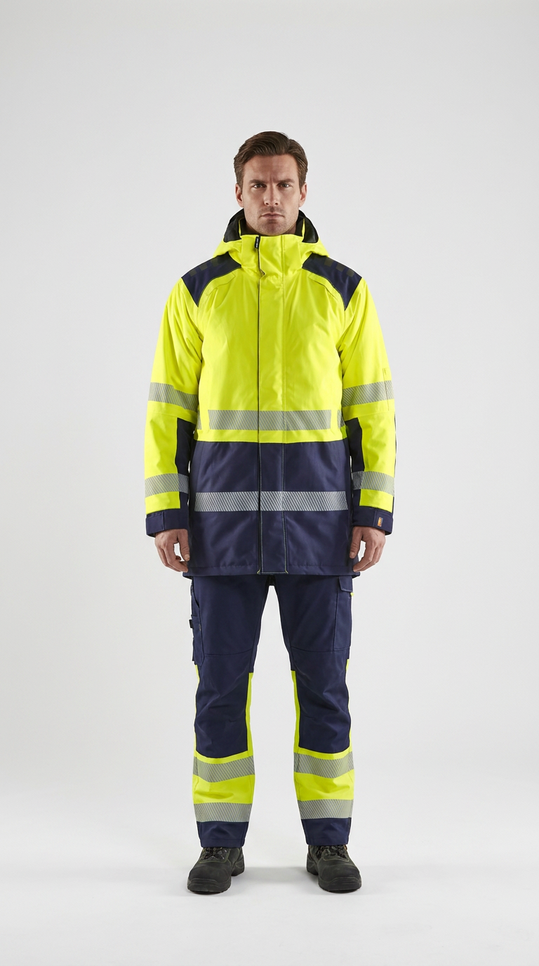 Mand i gul og mørkeblå high-visibility arbejdsjakke og bukser med refleksstriber på hvid baggrund.