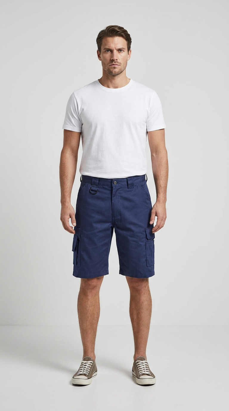 Mand iført hvid t-shirt og mørkeblå cargoshorts mod en lys baggrund.