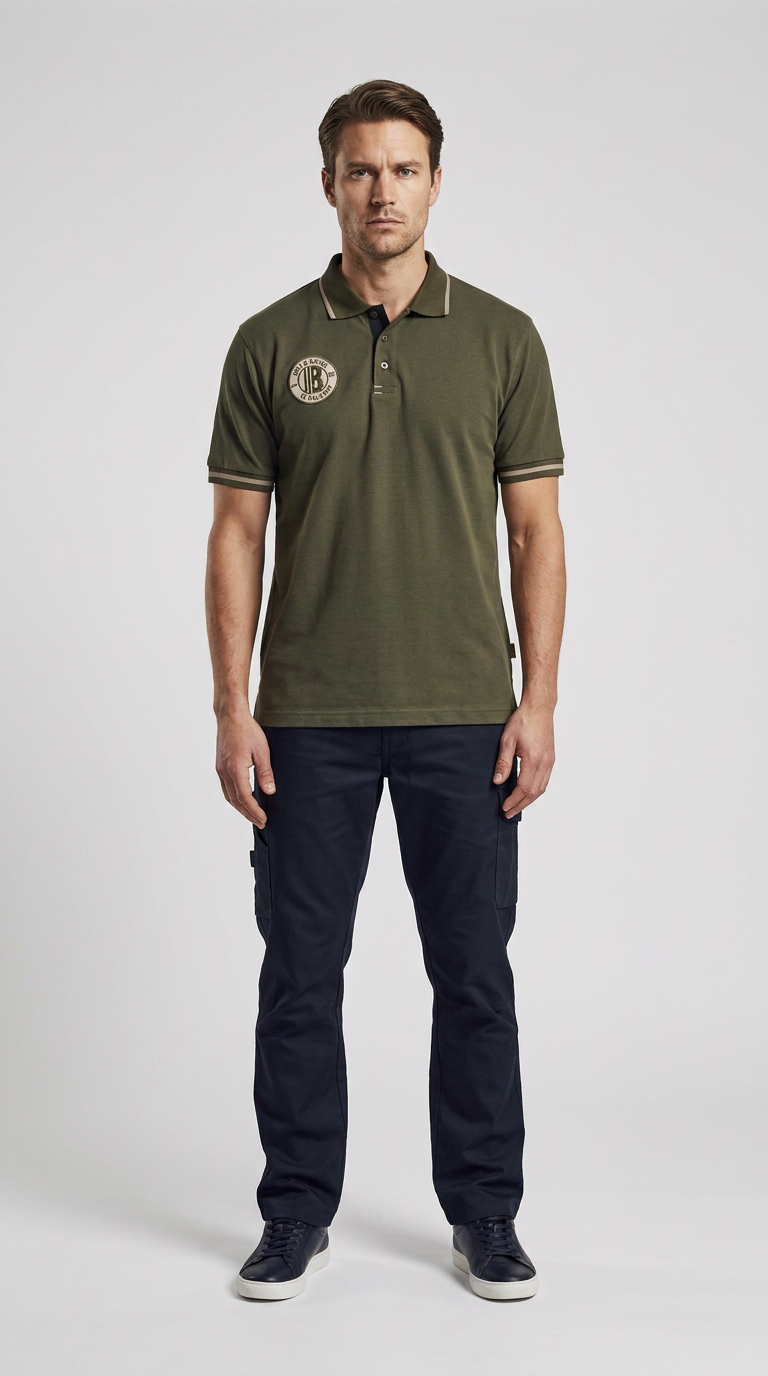Mand i olivengrøn polo-shirt og mørkeblå cargobukser mod en lys baggrund.