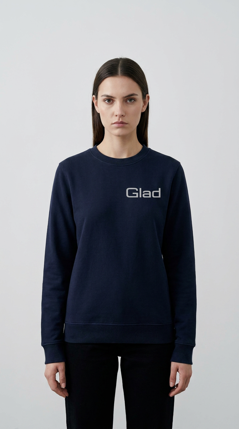 Kvinde i mørkeblå sweatshirt med teksten "Glad" på brystet mod en lys, neutral baggrund.