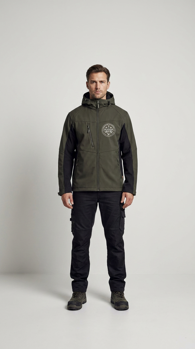 Mand iført olivengrøn og sort softshell-jakke med hætte, sorte cargobukser og støvler på hvid baggrund.