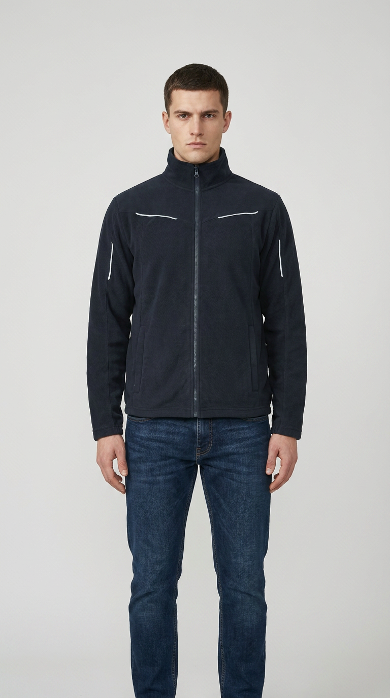 Mand i mørkeblå fleecejakke med hvide refleksdetaljer og blå jeans foran en lys baggrund.