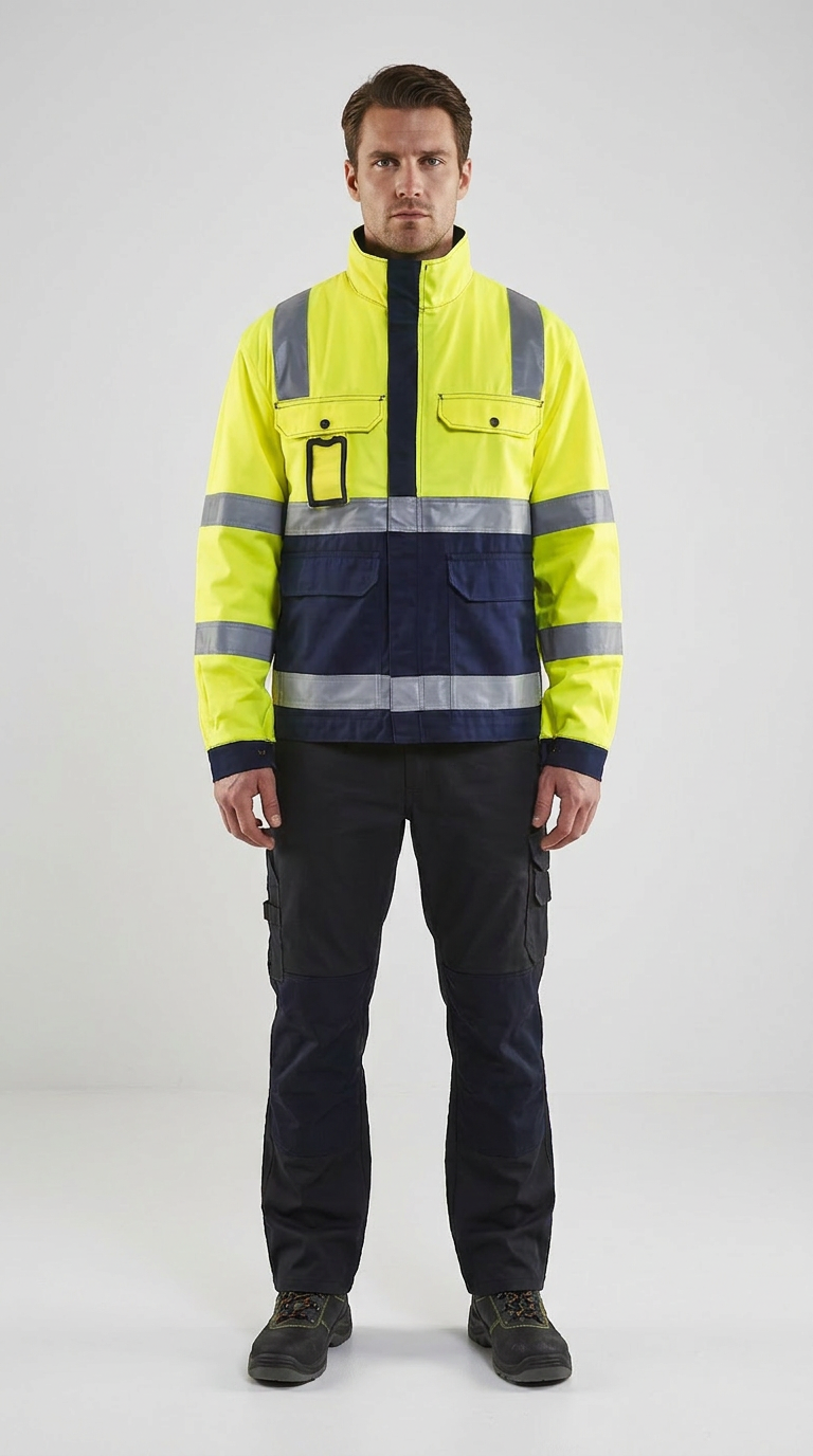 Mand i gul og mørkeblå high-visibility arbejdsjakke med reflekser og matchende mørke arbejdsbukser.