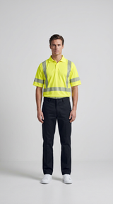 Mand iført en gul high-visibility polo med reflekser og sorte bukser mod en hvid baggrund.