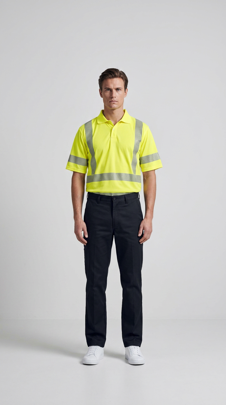 Mand iført en gul high-visibility polo med reflekser og sorte bukser mod en hvid baggrund.