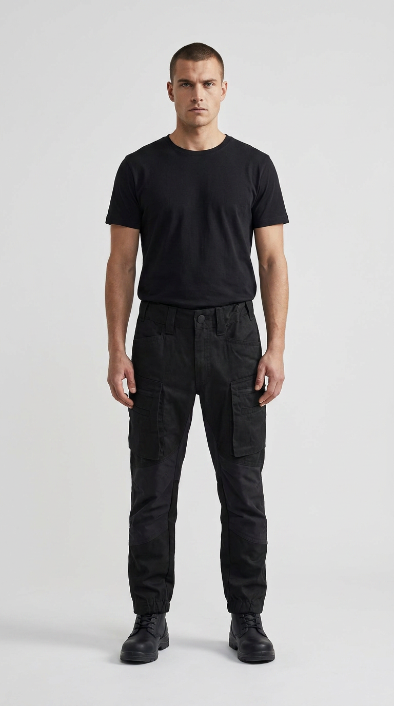 Mand i sort t-shirt og sorte cargobukser stående mod en hvid baggrund.
