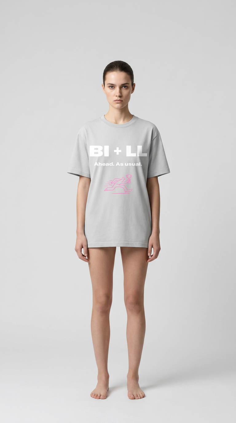 Kvinde i grå t-shirt med "BI + LL" tekst og lyserød løbegrafik mod en enkel grå baggrund.