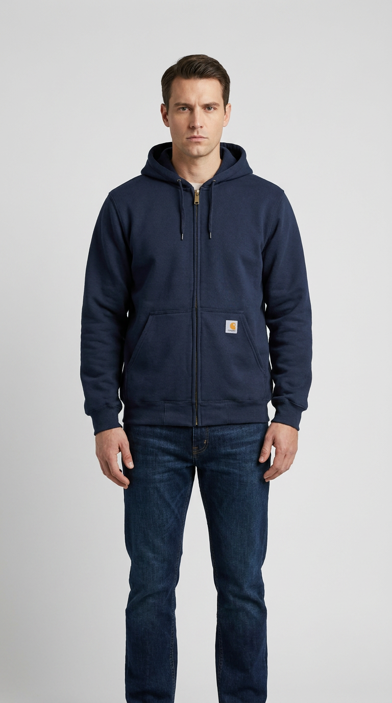 Mand iført mørkeblå Carhartt-hættetrøje med lynlås og blå jeans mod en neutral baggrund.