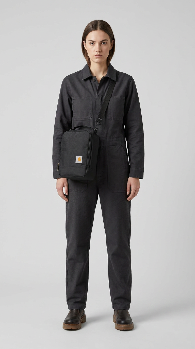 Kvinde i sort jumpsuit med en sort Carhartt skuldertaske mod en grå baggrund.