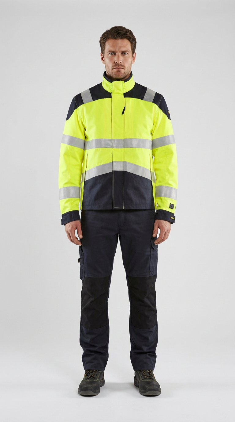 Mand i gul og marineblå high-vis arbejdsjakke med reflekser og matchende bukser på en lys baggrund.
