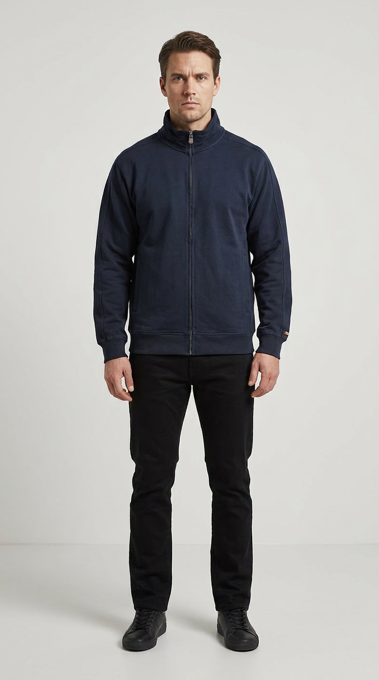 Mand iført mørkeblå sweatshirt med lynlås og sorte bukser mod en hvid baggrund.