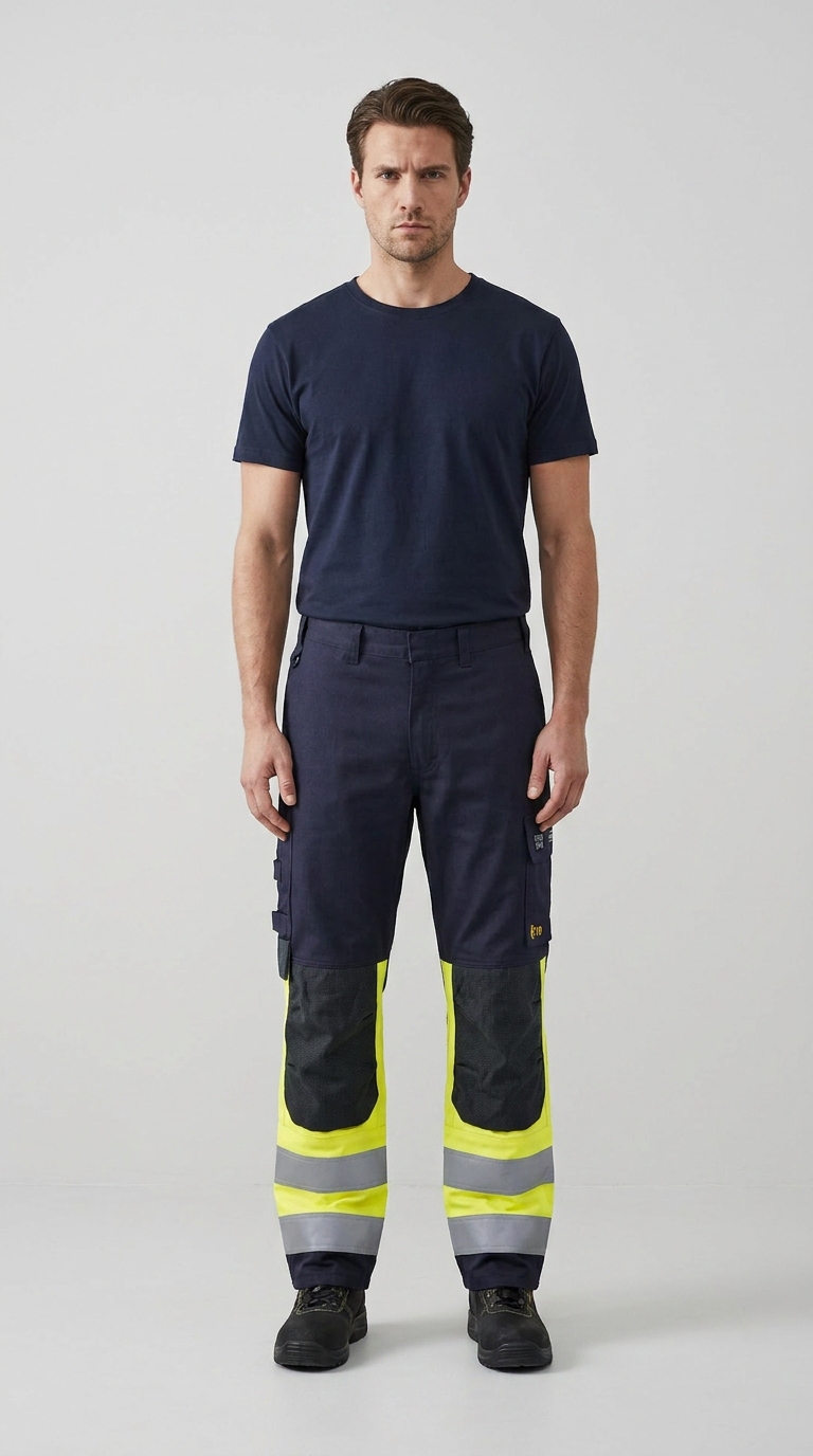 Mand i mørkeblå t-shirt og arbejdsbukser med neongule og reflekterende paneler på benene.