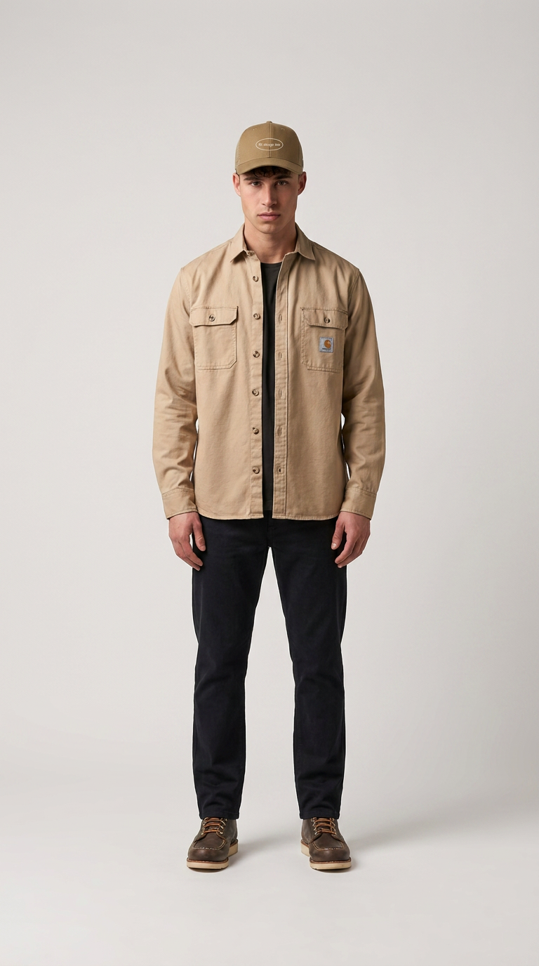 Mand i beige Carhartt-skjorte, mørke bukser og kasket mod en lys baggrund.