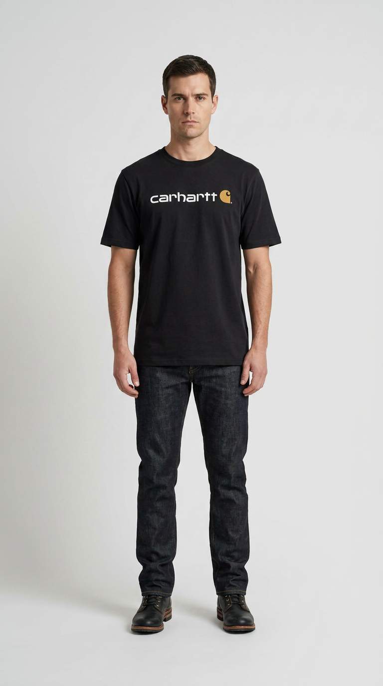 Mand iført sort Carhartt-t-shirt med logo, mørkeblå jeans og sorte støvler mod en hvid baggrund.