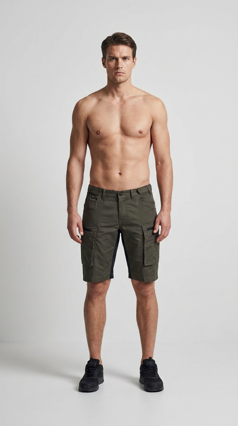 Muskuløs mand iført olivengrønne cargoshorts og sorte sneakers mod en hvid baggrund.