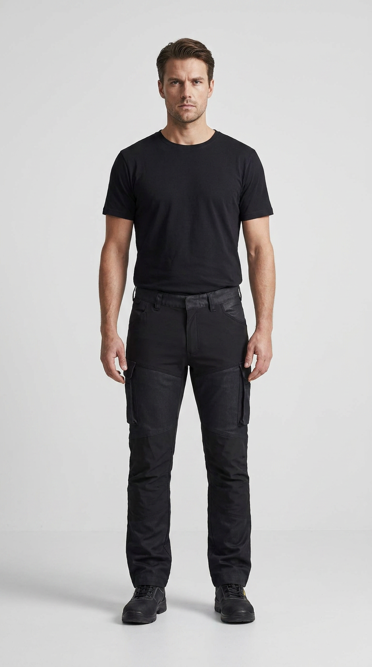 Mand iført sort t-shirt og sorte arbejdsbukser mod en lys baggrund.