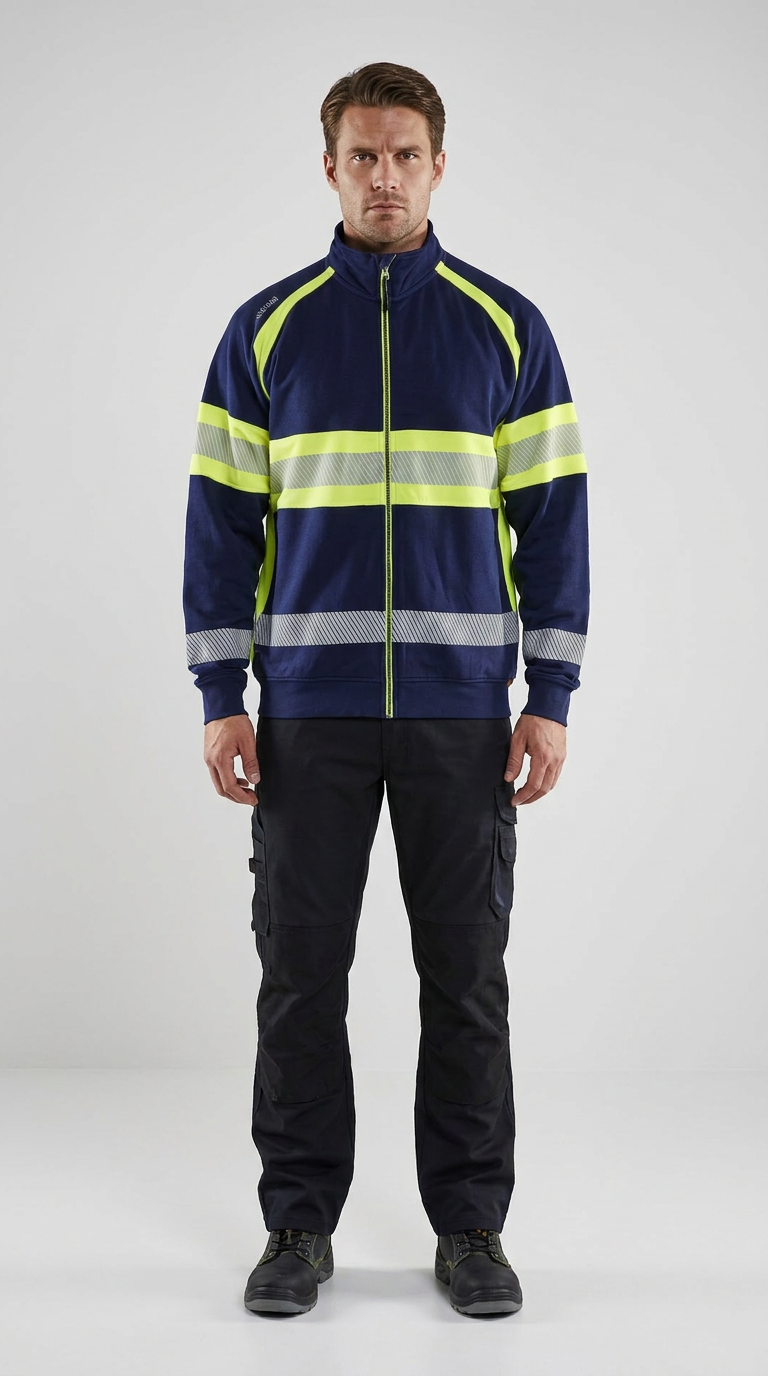 Mand i mørkeblå high-visibility jakke med reflekser og sorte arbejdsbukser mod en grå baggrund.