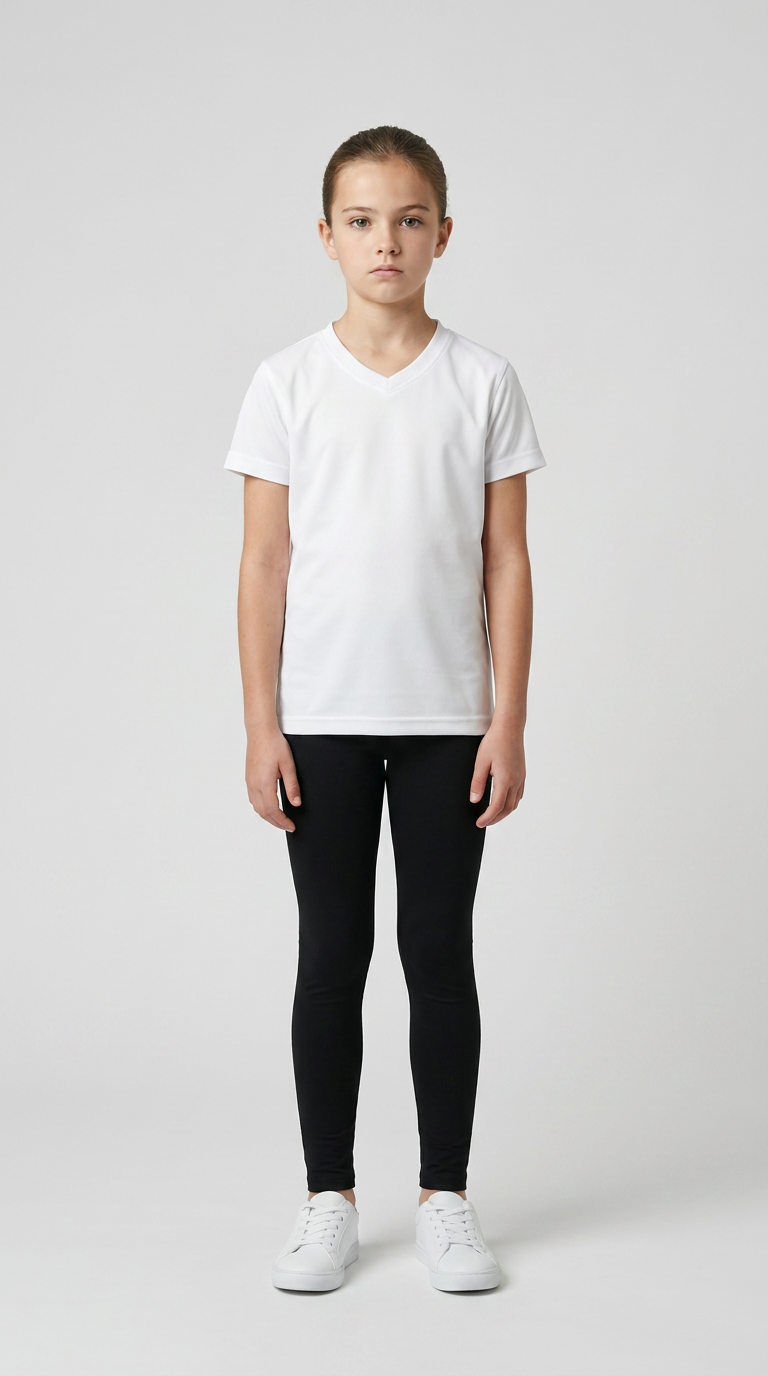 Ung pige i hvid v-hals t-shirt, sorte leggings og hvide sneakers mod en grå baggrund.