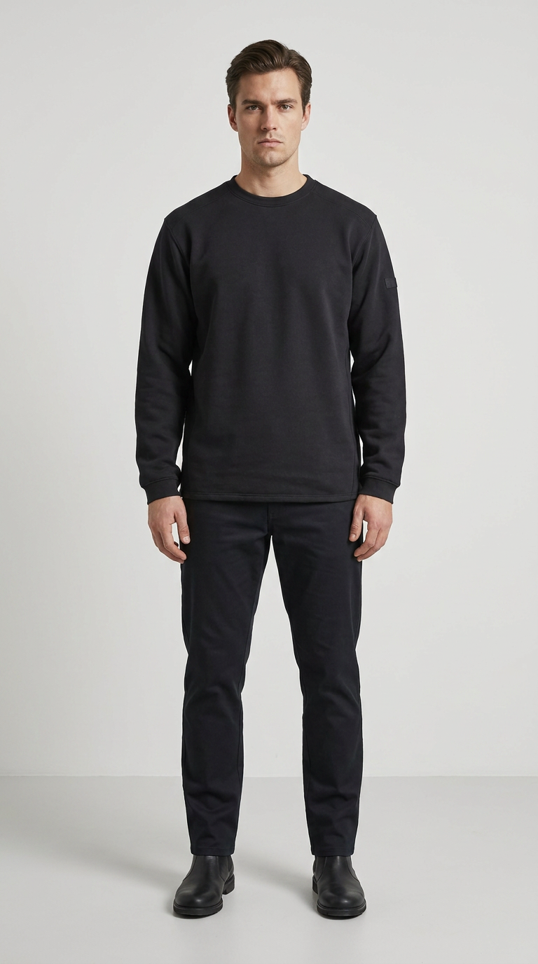 Mand stående i en sort sweatshirt og sorte bukser mod en lys grå baggrund.