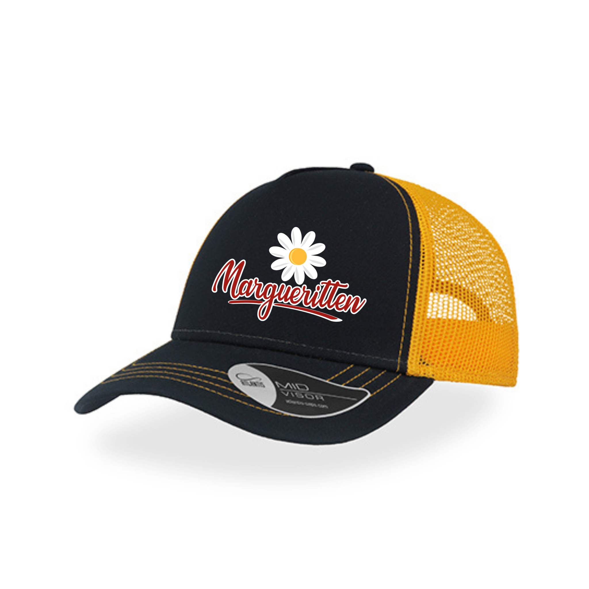 Marguerittens Atlantis AT527 Canvas Cap, Navy/Yellow med tryk eller logo – arbejdstøj og firmatøj