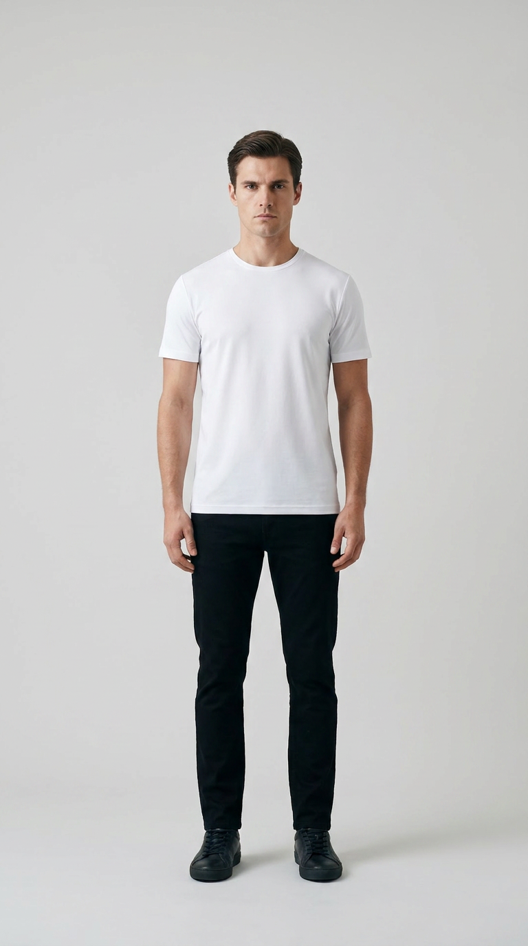Mand iført en klassisk hvid t-shirt og sorte bukser stående foran en neutral grå baggrund.