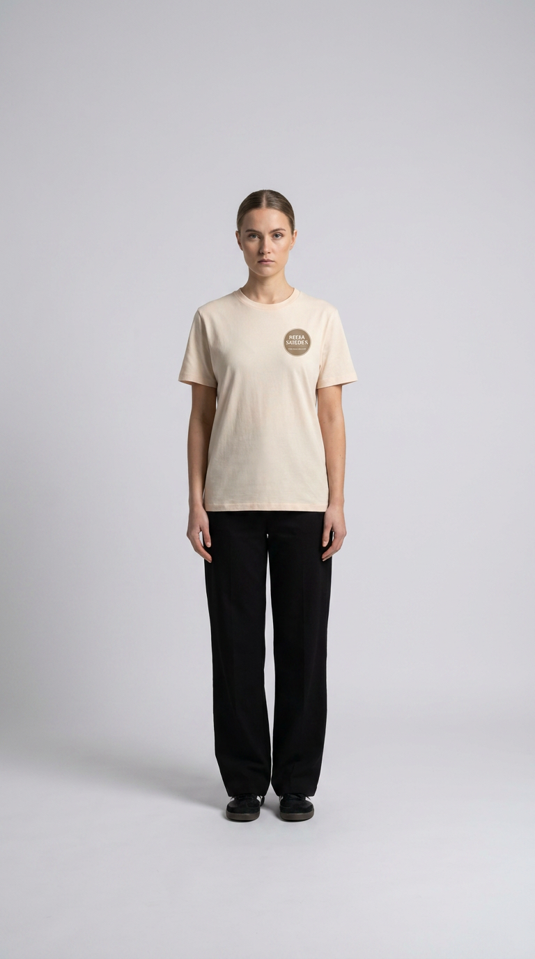 Kvinde i beige t-shirt med rundt logo og sorte bukser mod en lys grå baggrund.