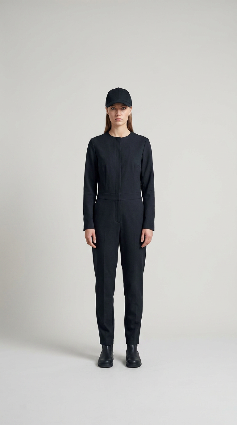 Kvinde iført en sort langærmet jumpsuit og kasket mod en lys grå baggrund.