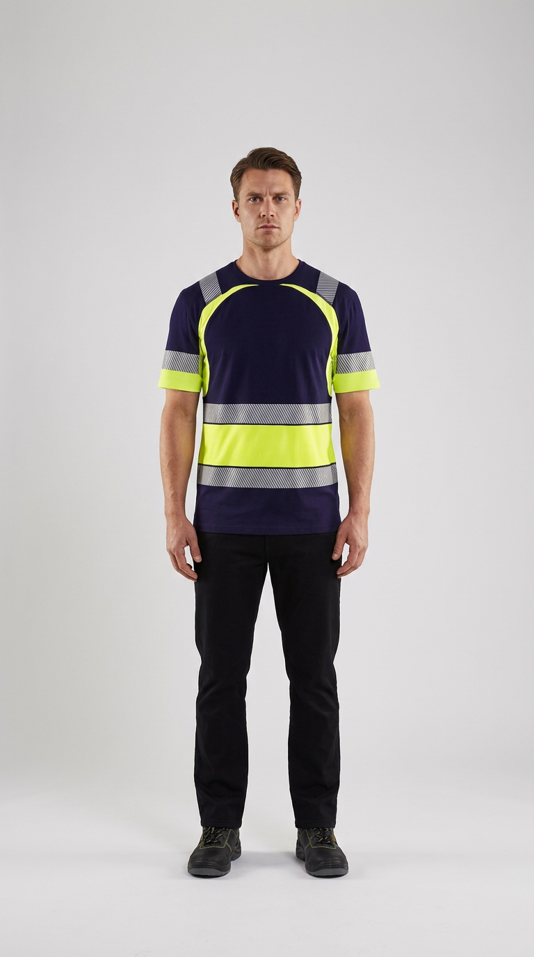 Mand i marineblå og neon-gul t-shirt med refleksstriber, sorte bukser og sikkerhedssko mod en lys baggrund.