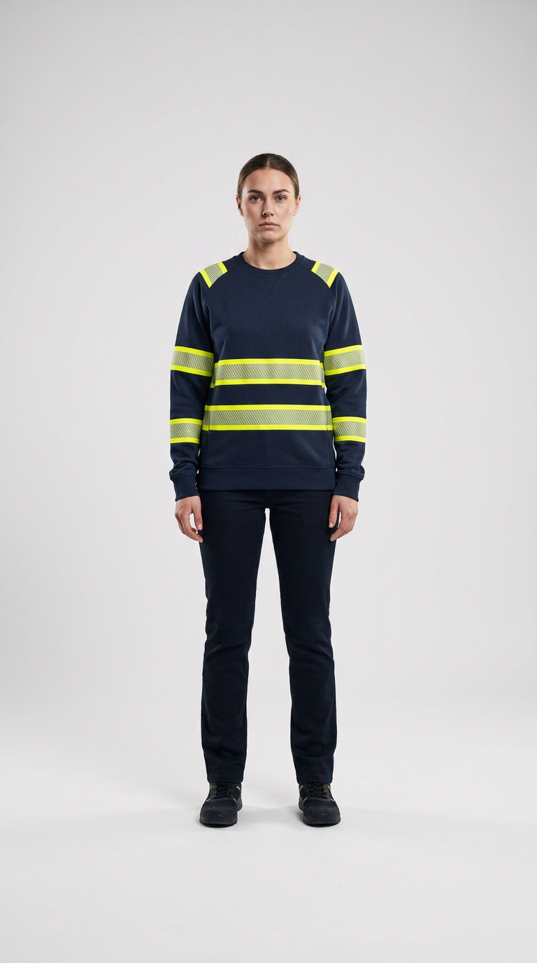 Kvinde i mørkeblå sweatshirt med gule refleksstriber og matchende bukser mod en lys grå baggrund.